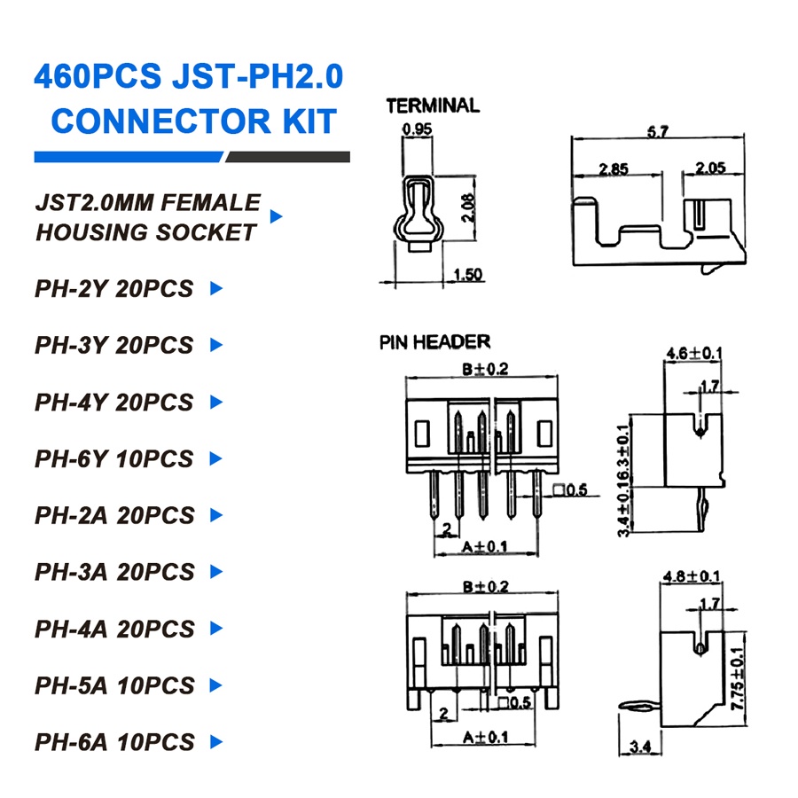 ชุดขั้วต่อ JST PH2.0 XH 2.4 2 3 4 5 6 pin พร้อมขั้วต่อ 460 ชิ้น
