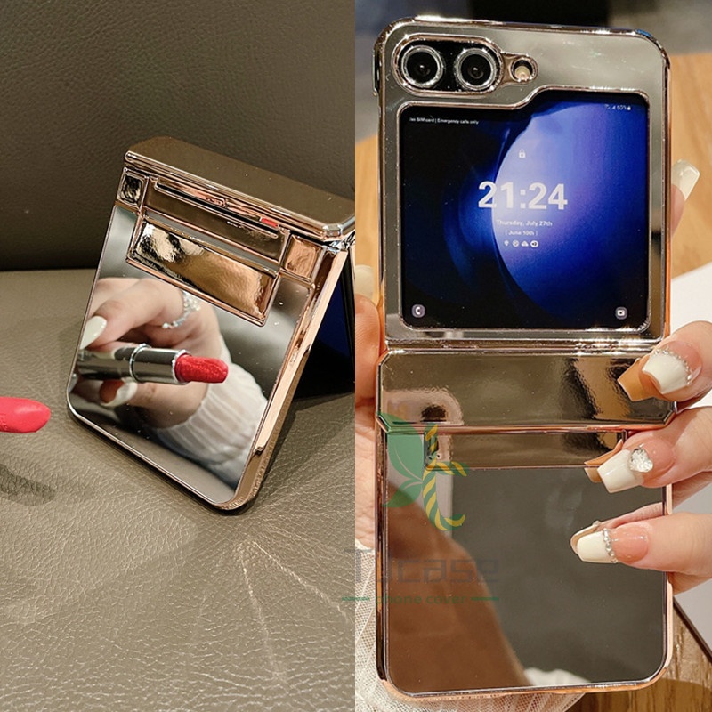 เคสกระจกแต่งหน้า แบบแข็ง ชุบไฟฟ้า สําหรับ Samsung Galaxy Z Flip 5 Z Flip 4 3