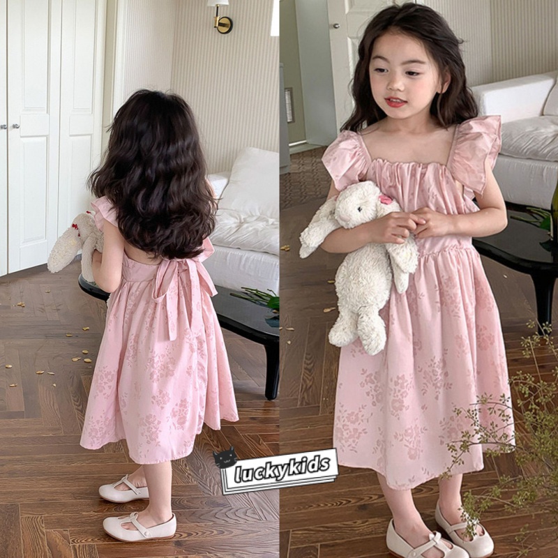 เด็กหวานสาวดอกไม้สีชมพูแขนบานชุดเจ้าหญิงฤดูร้อนเด็กสาวเปลือยชุด