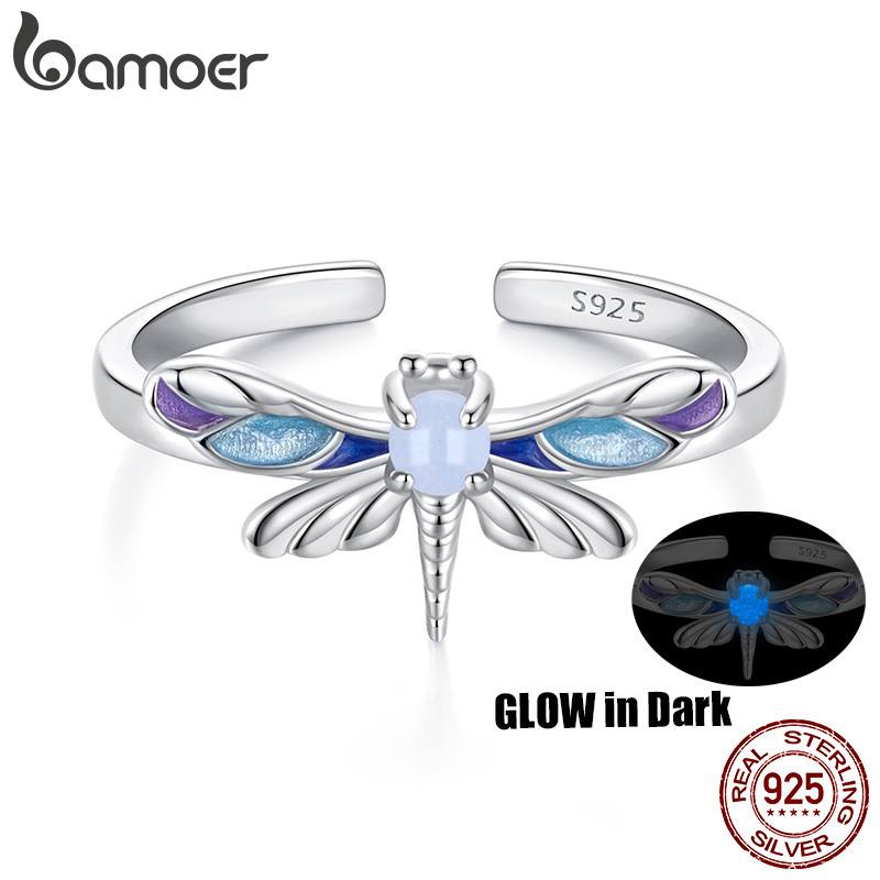 Bamoer 925 เงินสเตอร์ลิงแหวนปรับ Luminous Dragonfly เครื่องประดับผู้หญิงของขวัญ
