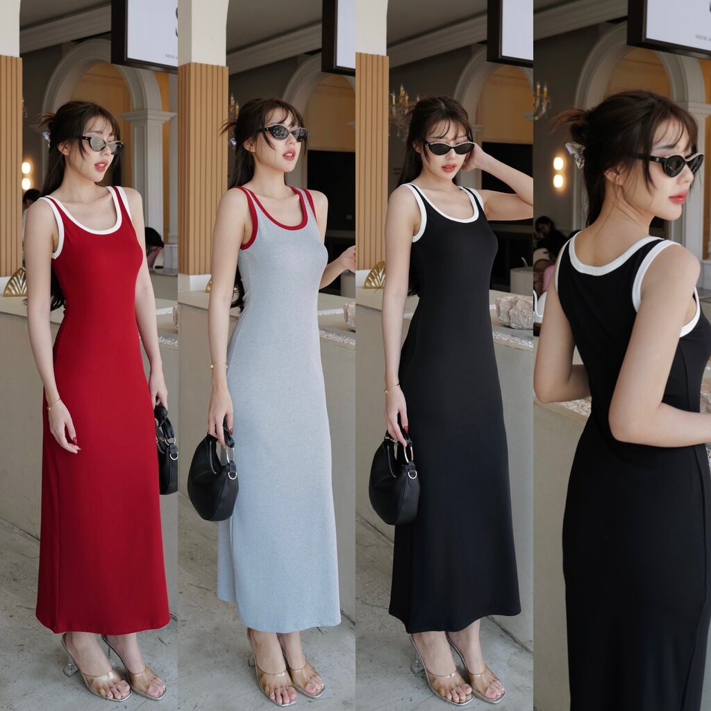 #5047# Eve เดรสยาวกล้ามทูโทน เนื้อผ้าดี นิ่ม ยืดหยุ่น ตามตัวได้เยอะ ผ้าไม่บาง