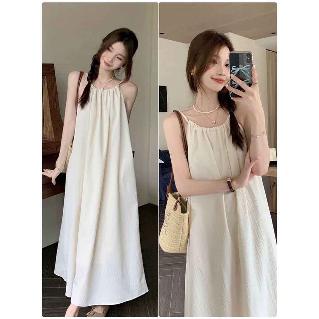 พร้อมส่ง✨ชุดเดรสยาว เดรสแขนกุด เนื้อผ้าใส่สบาย ชุดเที่ยวทะเล เดรสทรงหลวม  เดรสคอกลม