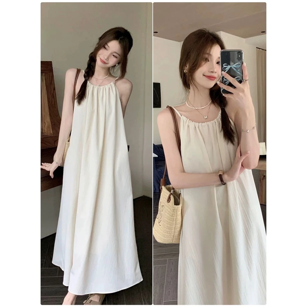 พร้อมส่ง✨ชุดเดรสยาว เดรสแขนกุด เนื้อผ้าใส่สบาย ชุดเที่ยวทะเล เดรสทรงหลวม เดรสคอกลม