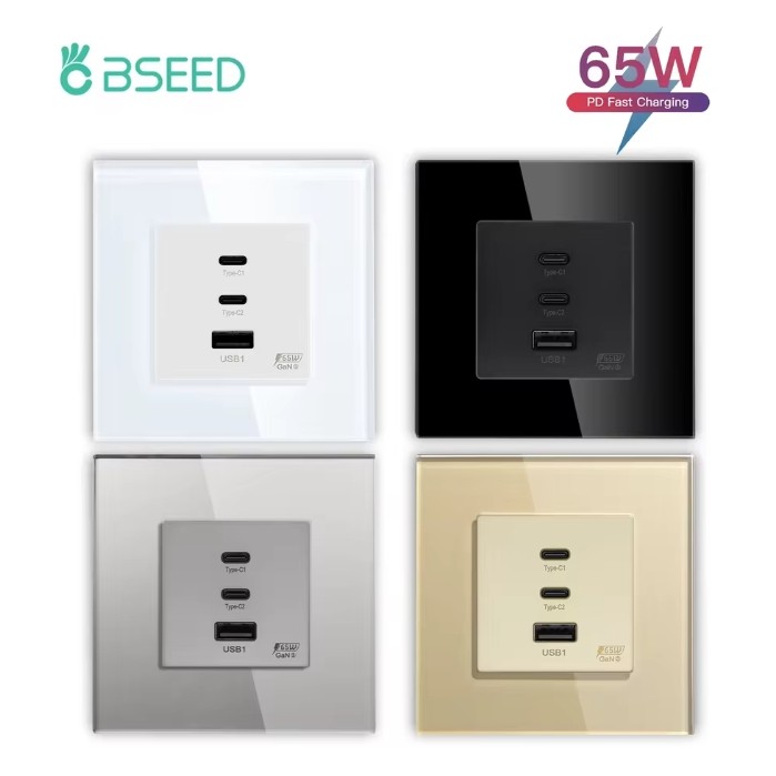 Bseed GaN3 Universal ซ็อกเก็ต 65W PD Fast Charge พอร์ต USB Type-C Quick Charge Adapter สําหรับโทรศัพท์คอมพิวเตอร์แผงแก้ว 100 V-240 V
