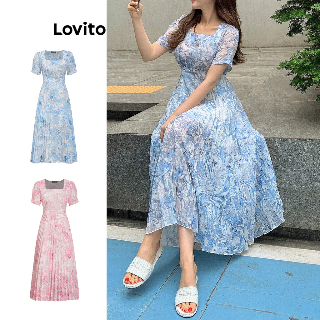 Lovito ชุดเดรสผู้หญิง แต่งสองชั้น แต่งจีบ ลายดอกไม้ สไตล์โบโฮ L83EN384