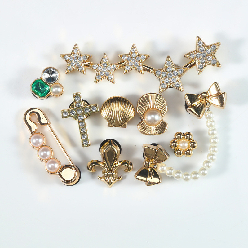 โลหะทองชุดริบบิ้นมุกโซ่ดาวเชลล์ตกแต่ง Cros Jibiz Charm Diy รองเท้าผู้หญิงอุปกรณ์เสริม