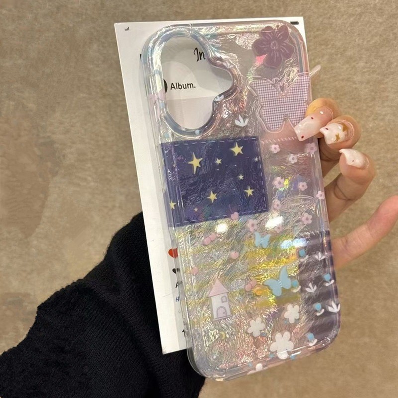 เคสโทรศัพท์ซิลิโคนสําหรับ iPhone 11 16 17 15 14 13 12 Pro Max 16E X XR XS SE2 8 7 Plus ผีเสื้อดอกไม้ Splicing รูปแบบฝาครอบ