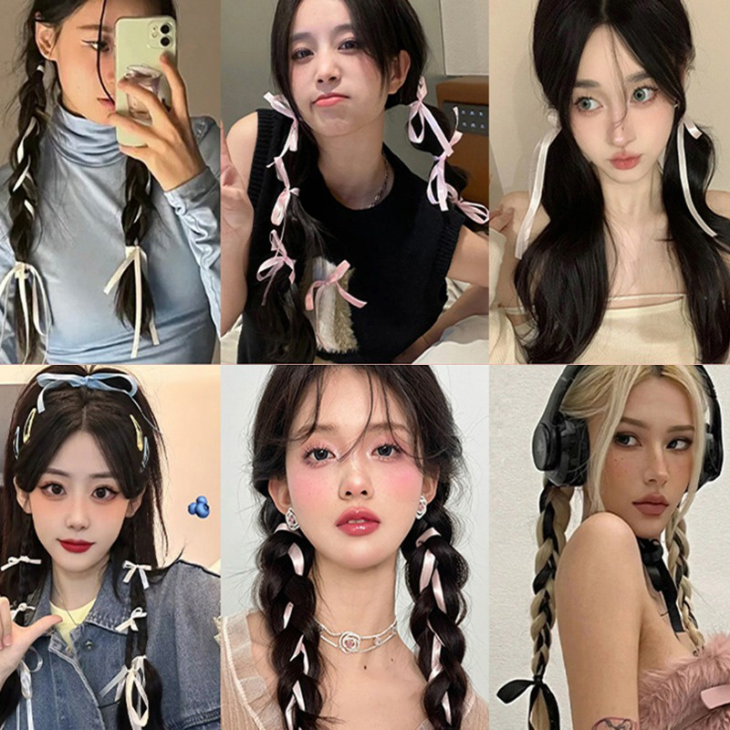 ยางมัดผมหางม้า แบบถัก ริบบิ้นยาว หลากสี 2 เมตร เครื่องประดับผม ยอดนิยม แฟชั่นเกาหลี สําหรับผู้หญิง
