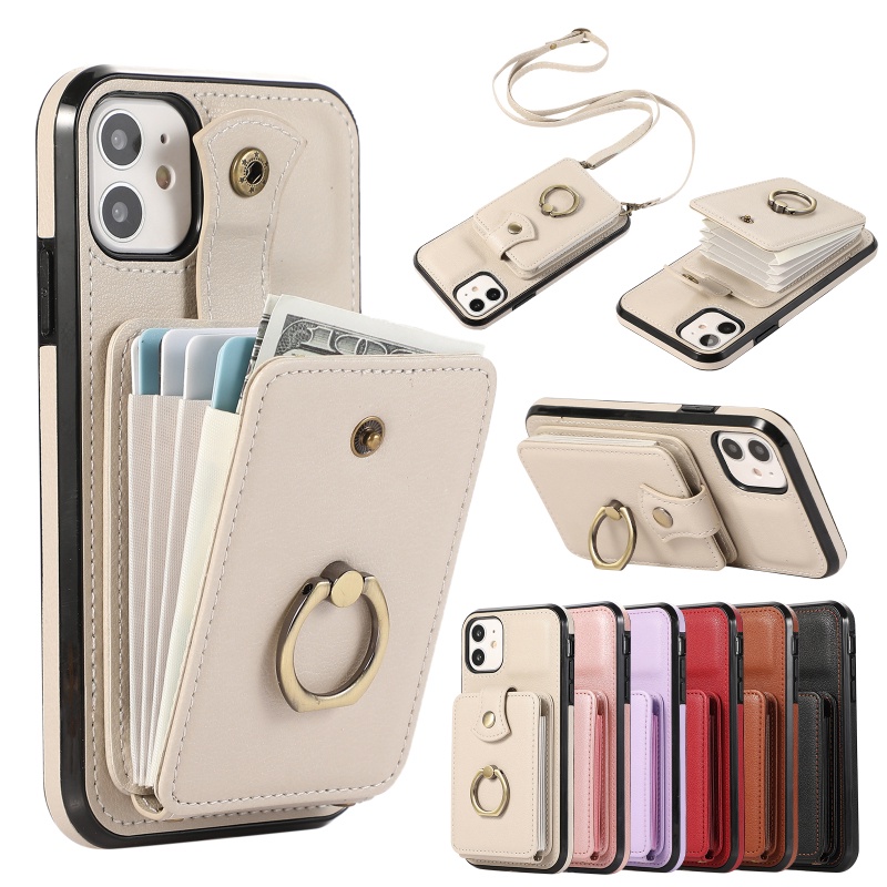 แฟชั่นออร์แกนแหวนหัวเข็มขัดกระเป๋าบัตรกระเป๋าสตางค์หนังเคสโทรศัพท์ป้องกันการหล่น ปู่ ป้องกันปกหลังพร้อมเชือกเส้นเล็กสําหรับ ไอโฟน17 อากาศ 16 15 14 13 มือโปร สูงสุด บวก