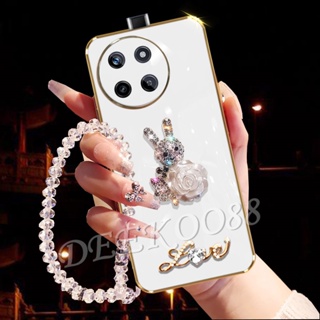 เคสโทรศัพท์มือถือ ปิดด้านหลัง ประดับเพชร ลายดอกไม้ กระต่ายสีขาว พร้อมสายคล้องข้อมือ และสายคล้อง สําหรับ Realme11 RealmeC51 Realme 11 C51 NFC 4G 5G 2023