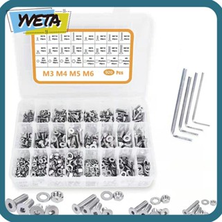 Yveta สกรูหัวแบน หกเหลี่ยม สเตนเลส 304 8 12 16 20 มม. M3 M4 M5 M6 16 ขนาด สําหรับเครื่องซักผ้า 920 ชิ้น