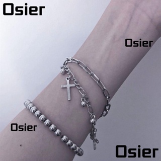 Osier1 พังก์ ฮิปฮอป สร้อยข้อมือ, จี้ข้อมือ สร้อยข้อมือโลหะเงิน, แฟชั่น สองชั้น เครื่องประดับ อุปกรณ์เสริม หลายชั้น สร้อยข้อมือ ผู้หญิง