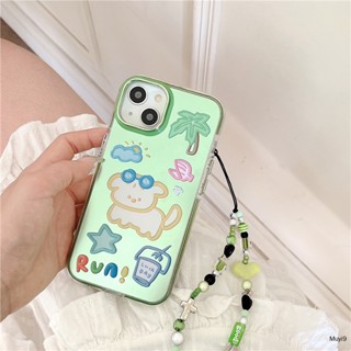 Ins เคสโทรศัพท์มือถือ กันกระแทก ลายการ์ตูนต้นมะพร้าว ลูกสุนัขน่ารัก สีเขียว พร้อมสายโซ่คล้อง สําหรับ Iphone 14ProMax 13ProMax 12 Pro MAX 11 14 13Pro