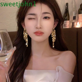 Sweetjohn ต่างหูระย้า ห้อยพู่ยาว โลหะผสม วิบวับ วิบวับ โลหะ เลื่อม เครื่องประดับแฟชั่น อินเทรนด์ สไตล์เกาหลี ต่างหูหยดน้ํา สีทอง ต่างหูผู้หญิง