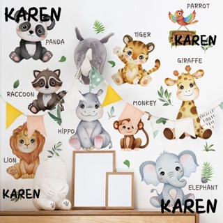 Karen สติกเกอร์ไวนิล ลายการ์ตูนสัตว์ ลิง สิงโต ยีราฟ DIY สําหรับติดตกแต่งผนังห้องเด็ก