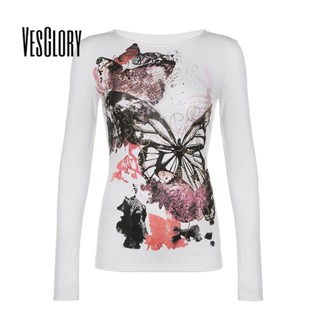 Vesglory เสื้อครอปท็อป แขนยาว คอกลม พิมพ์ลาย สีพื้น ทรงสลิมฟิต แฟชั่นสําหรับผู้หญิง 2023