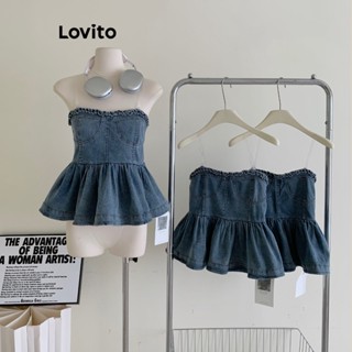 Lovito เสื้อยีนลําลอง แต่งระบาย แต่งระบาย สําหรับผู้หญิง LNE24004 (สีฟ้า)