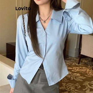 Lovito เสื้อเบลาส์ลําลอง ผ่าหน้า แต่งกระดุม แบบเรียบ สําหรับผู้หญิง LNE24187 (สีฟ้าอ่อน)