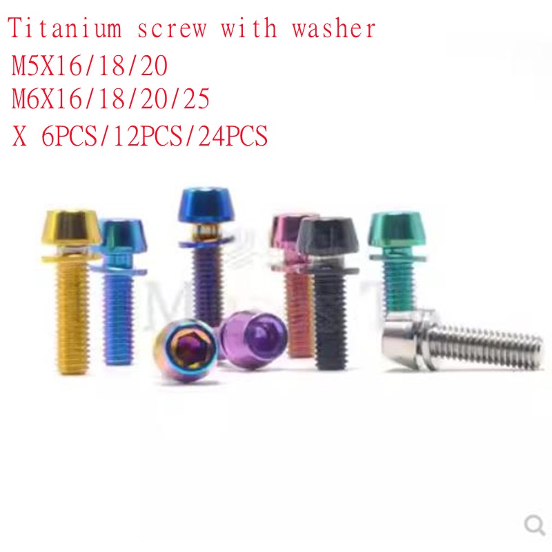 2/6/12/24 buah Titanium sekrup baut M5 m6X16/18/20/25 kepala kerucut dengan Gasket mesin cuci sepeda