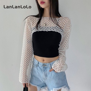 Lanlanlolo เสื้อคอกลม แขนยาว ผ้าตาข่ายซีทรู สีพื้น แฟชั่นสําหรับผู้หญิง 2023