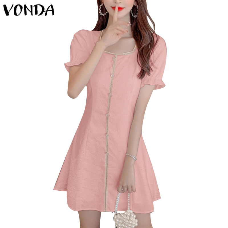 Vonda ชุดเดรส คอกลม แขนสั้น ผ้าแจ็คการ์ด สไตล์เกาหลี สําหรับผู้หญิง