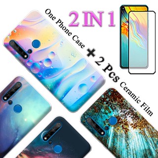 2 IN 1 Huawei Nova 5i เคสพิมพ์ลาย นิ่ม พร้อมตัวป้องกันหน้าจอเซรามิค โค้ง กระจกนิรภัย