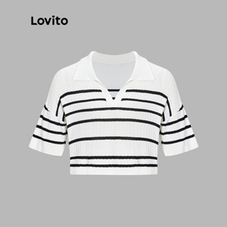 Lovito เสื้อถักลำลอง ลายทาง คอนทราส สำหรับสตรี L54ED056 (กากี/ขาว/ดำ)