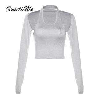 Sweeticme ใหม่ เสื้อครอปแขนยาวเซ็กซี่ เข้ารูป สีพื้น เข้ากับทุกการแต่งกาย แฟชั่นสําหรับผู้หญิง 2023