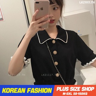 Plus size เสื้อผ้าสาวอวบ❤ เสื้อยืดสาวอวบอ้วน ไซส์ใหญ่ ผู้หญิง เสื้อยืดครอป ทรงหลวม แขนสั้น คอปก สีดำ ฤดูร้อน สไตล์เกาหลีแฟชั่น