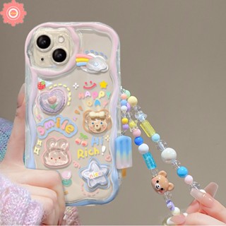 เคสโทรศัพท์มือถือนิ่ม ขอบโค้ง ลายการ์ตูนกระต่าย หมี ดอกไม้ 3D หลากสี พร้อมสายคล้องมือ สําหรับ IPhone 11 13 14 12 15 Pro MAX 7 8 6S 6 Plus X XR SE 2020 XS MAX