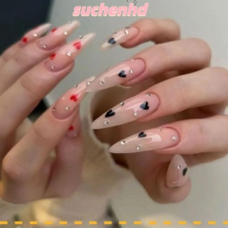 Suchenhd เล็บปลอม คริสตัล รูปหัวใจ สีแดง สีดํา ถอดออกได้ แฟชั่นสไตล์ฝรั่งเศส สําหรับตกแต่งเล็บ DIY