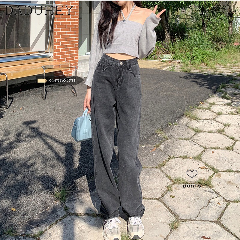 DaDuHey🎈 New Korean Style High-Street Retro Loose Women's Pants Fashion High Waist Wide Leg Straight Casual Mopping Jeans