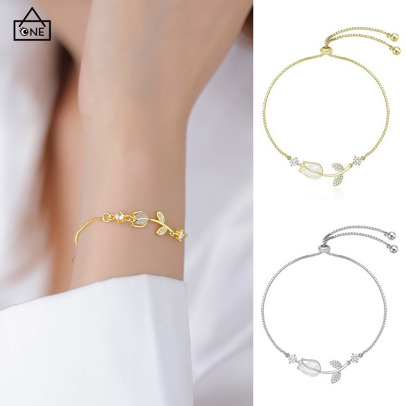 COD❤️สร้อยข้อมือ Rhinestone Tulip สร้อยข้อมือหินตาแมวเทียม สร้อยข้อมือปรับได้-a.one
