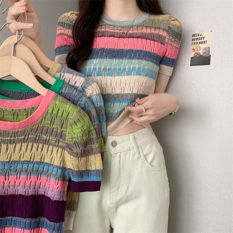 เสื้อกันหนาว แขนสั้น ผ้าถัก ทรงหลวม เข้ารูป ลายทาง สีรุ้ง แบบรูกลวง สําหรับผู้หญิง