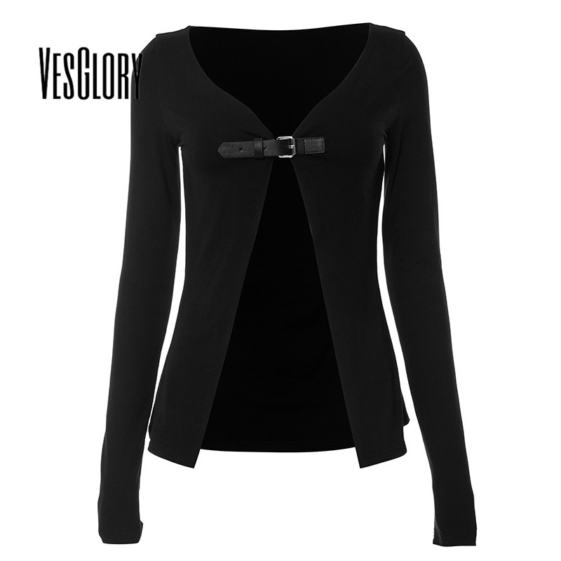 VesGlory ผู้หญิง Crop Top แฟชั่นสีทึบแขนยาว V คอ Slim Fit Cadigan เสื้อยืด