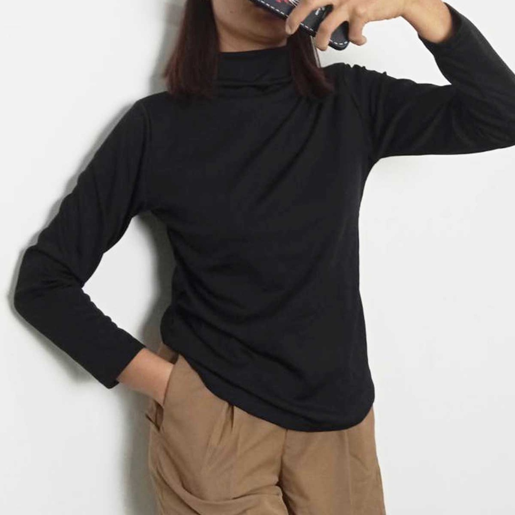 เสื้อครอปเเขนยาวสไตล์เกาหลีเรียบง่ายสีพื้นสำหรับผู้หญิง