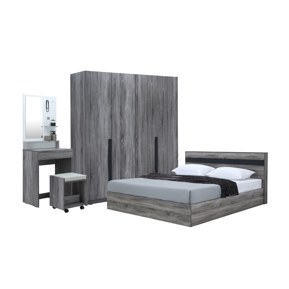 Furinbox ชุดห้องนอน รุ่นมินิโอ ขนาด 6 ฟุต (เตียง, ตู้เสื้อผ้า 4 บาน, โต๊ะเครื่องแป้งพร้อมสตูล) - สีเทา