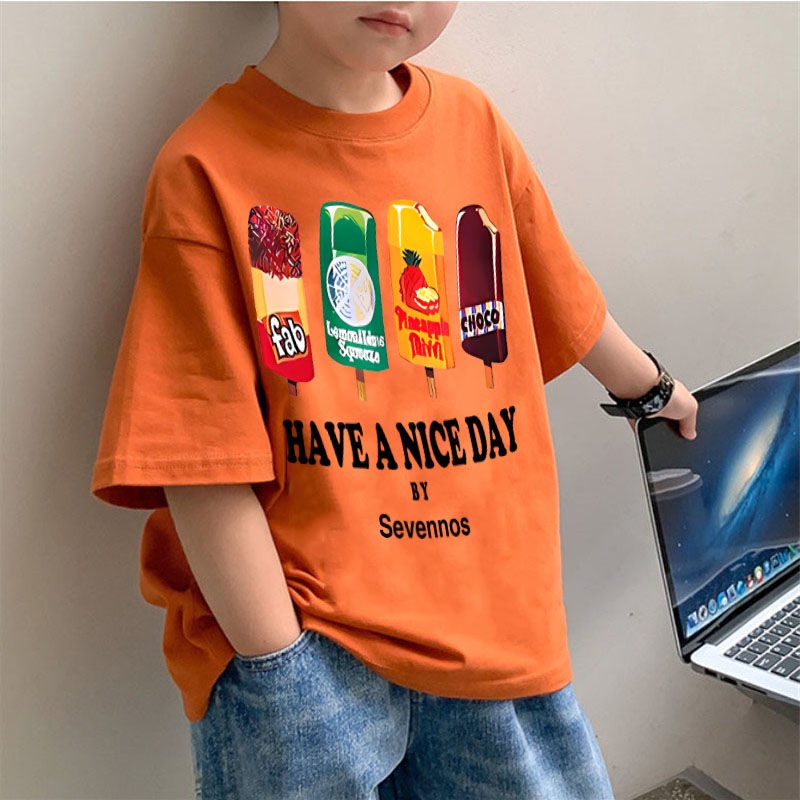 【พร้อมส่ง】เสื้อยืดแขนสั้น ผ้าฝ้ายแท้ พิมพ์ลายการ์ตูนสัตว์ ดูดซับเหงื่อ ระบายอากาศ สีส้ม แฟชั่นฤดูร้อน สําหรับเด็กผู้ชาย 3-12 ปี