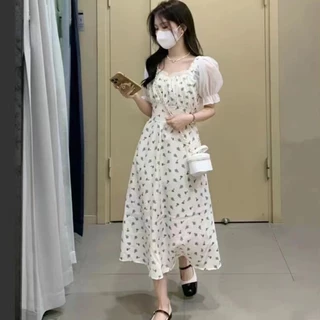 เดรสยาวแฟชั่นเกาหลี เเขนตุ๊กตา พิมพ์ลายดอกไม้น่ารักๆ