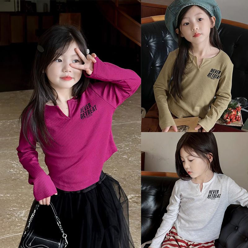 เสื้อยืดลําลอง แขนยาว คอวี พิมพ์ลายตัวอักษร สีพื้น แฟชั่นฤดูใบไม้ผลิ และฤดูใบไม้ร่วง สําหรับเด็กผู้หญิง