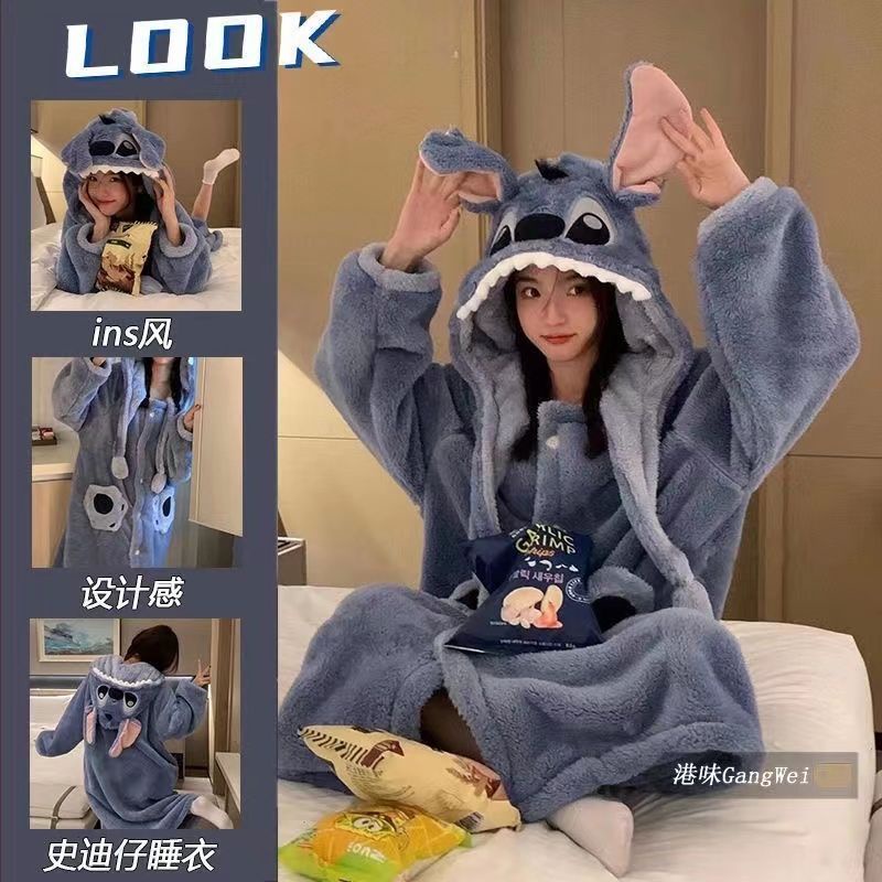 ชุดนอน Stitch ชุดนอนผู ้ หญิงฤดูหนาว Nightgown หนาฤดูหนาวนักเรียนน ่ ารัก Yukata เกาหลีรุ ่ น Plus ก