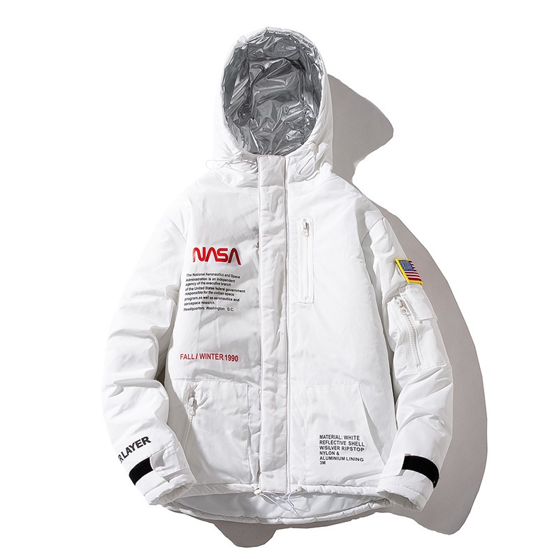 เสื้อแจ็กเก็ต ผ้าฝ้าย กันน้ํา มีฮู้ด ลาย nasa สไตล์ยุโรป และอเมริกา สตรีท สําหรับผู้ชาย