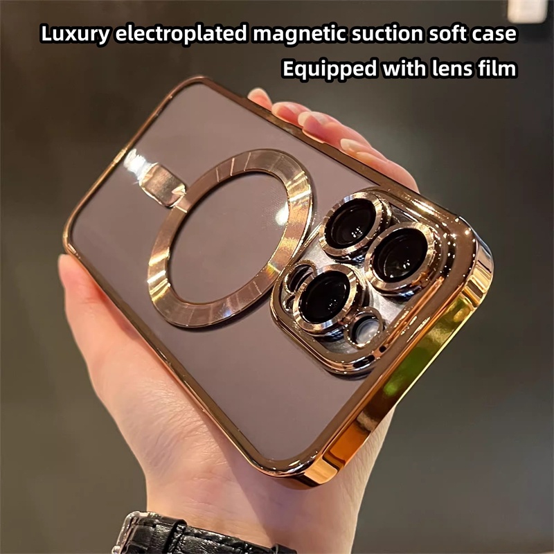 เหมาะสําหรับ iPhone 11, 13, 12 Pro Max, 14 Pro Max 15 16 Pro Max Plus เคสโทรศัพท์, เคสป้องกันโปร่งใสด้วยไฟฟ้าหรูหราพร้อมฟิล์มเลนส์, เคสนิ่มดูดแม่เหล็ก