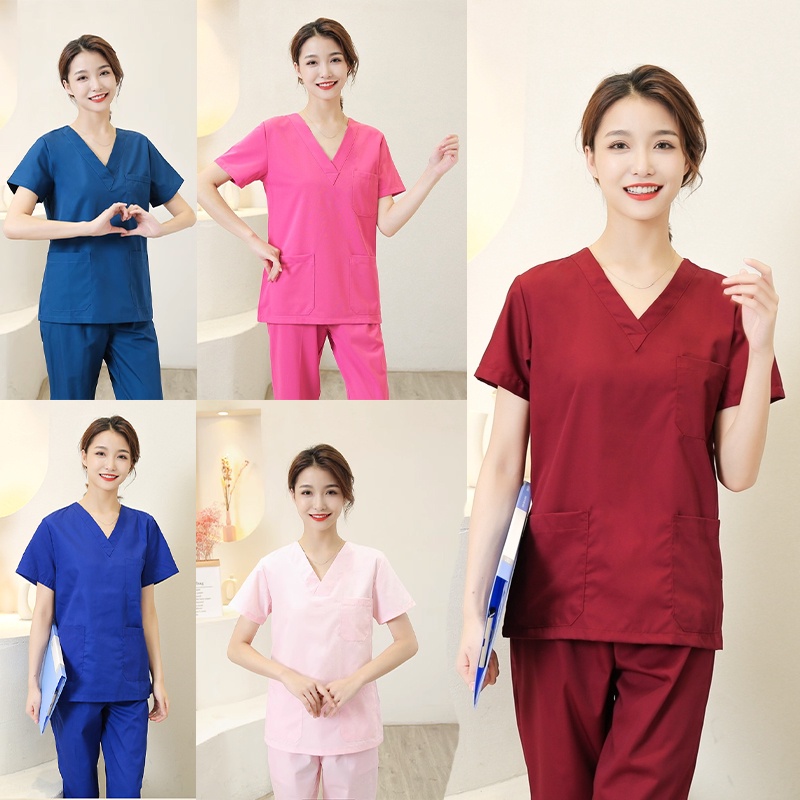 【เสื้อยืด+กางเกง】ชุดเครื่องแบบพยาบาล ผ้าฝ้าย แขนสั้น คอวี สําหรับผู้หญิง