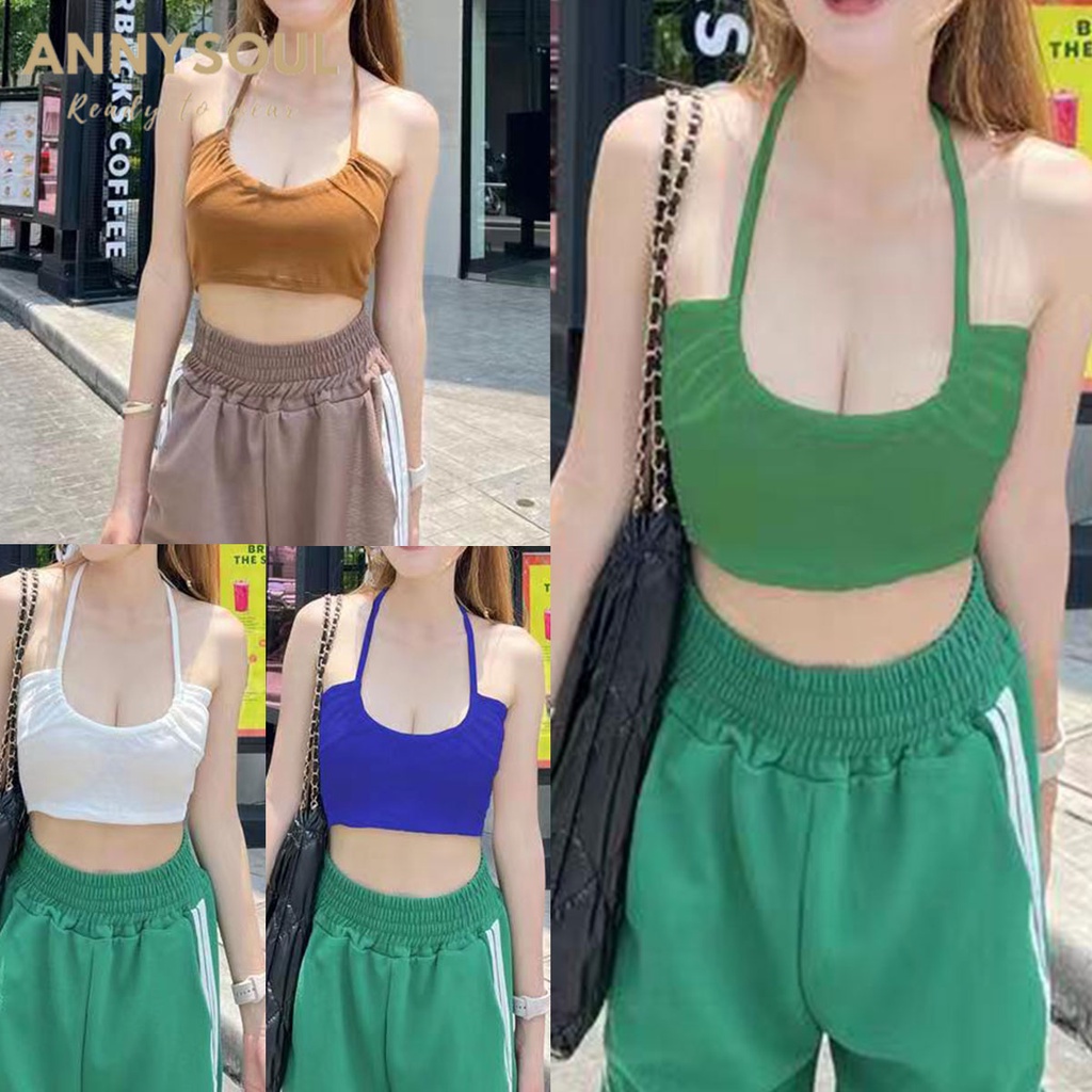 พร้อมส่ง เสื้อครอปสายเดี่ยวคล้องคอคิ้วท์มากๆเนื้อผ้าร่องเล็ก เซ็กซี่เบาๆ