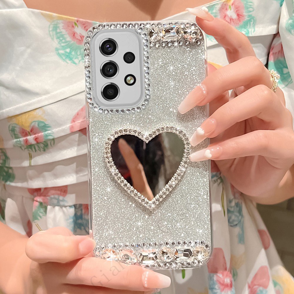 三维 Bling เพชรคริสตัลกระจกหัวใจเคสโทรศัพท์สําหรับ Samsung Galaxy S23 Ultra S24 S22 Plus S21 S20 FE Note20 Ultra A51 A71 A53 5G A52 S A14 A34 A54 A23