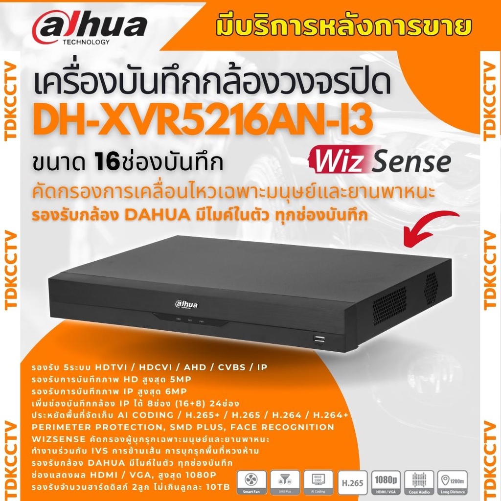 Dahua DH-XVR5216AN-I3 เครื่องบันทึก Dahua XVR Wizsense 16ช่อง (Ai) เครื่องบันทึกภาพ กล้องวงจร ใส่HDD