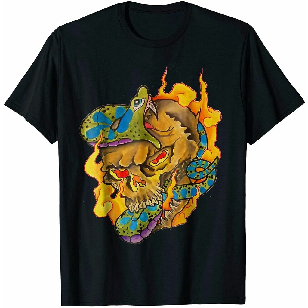 Snake Skull With Fire Tattoo เสื้อยืดแฟชั่นผู้ชาย