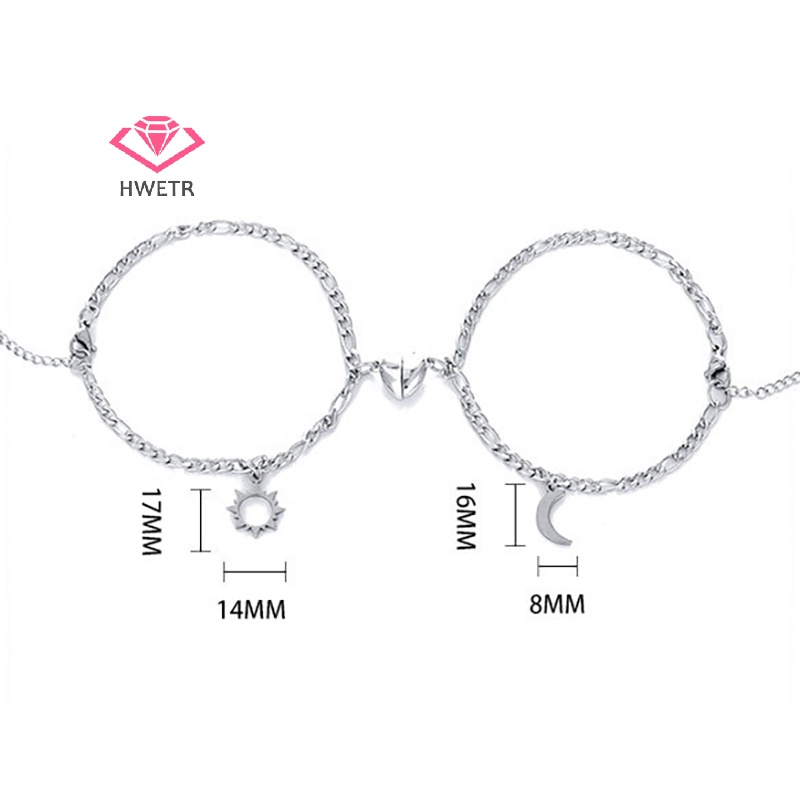 Hwetr สร้อยข้อมือสเตนเลส แม่เหล็ก รูปดวงจันทร์ ดวงอาทิตย์ หัวใจ ไม่ซีดจาง เรียบง่าย สไตล์ฮิปฮอป สําหรับคู่รัก แฟนสาว เครื่องประดับมือใหม่ 2 ชิ้น