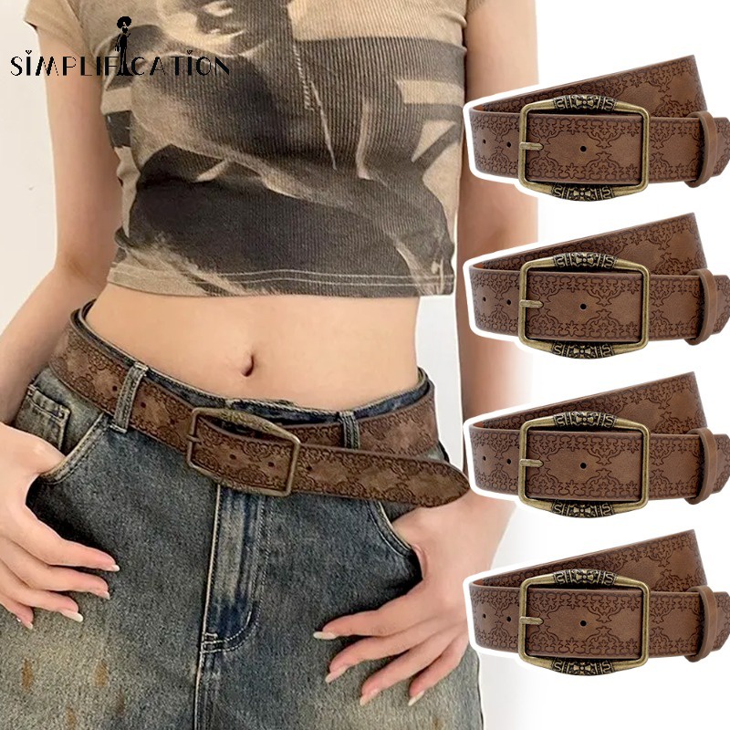 เข็มขัดแฟชั่น Y2K ลายนูน ทรงสี่เหลี่ยม สีน้ําตาล สไตล์วินเทจ เรียบง่าย 1 ชิ้น